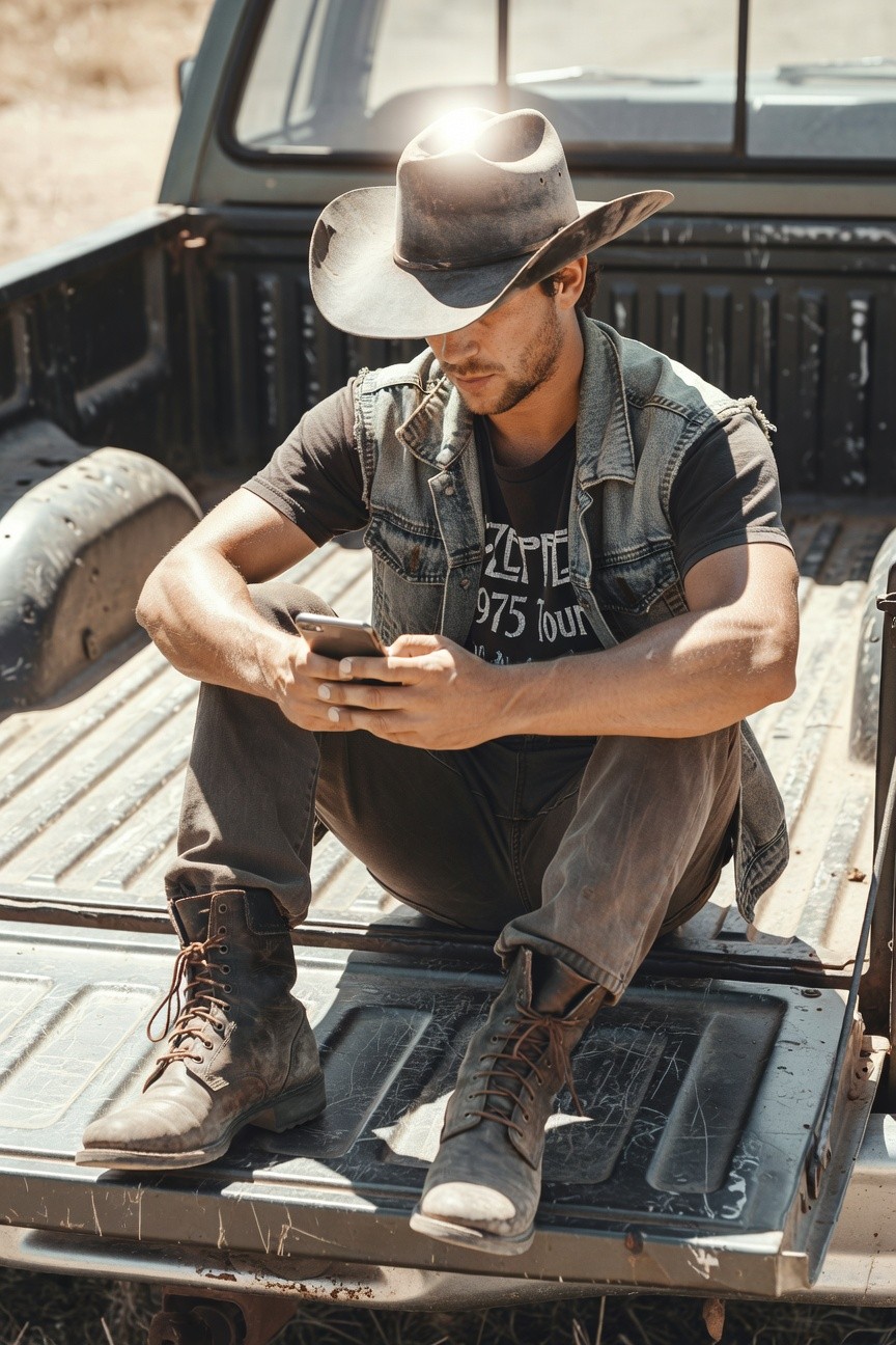 Man in cowboy hat, black graphic tee under open denim vest, slim gray jeans, and brown leather boots, sitting on truck tailgate holding phone
