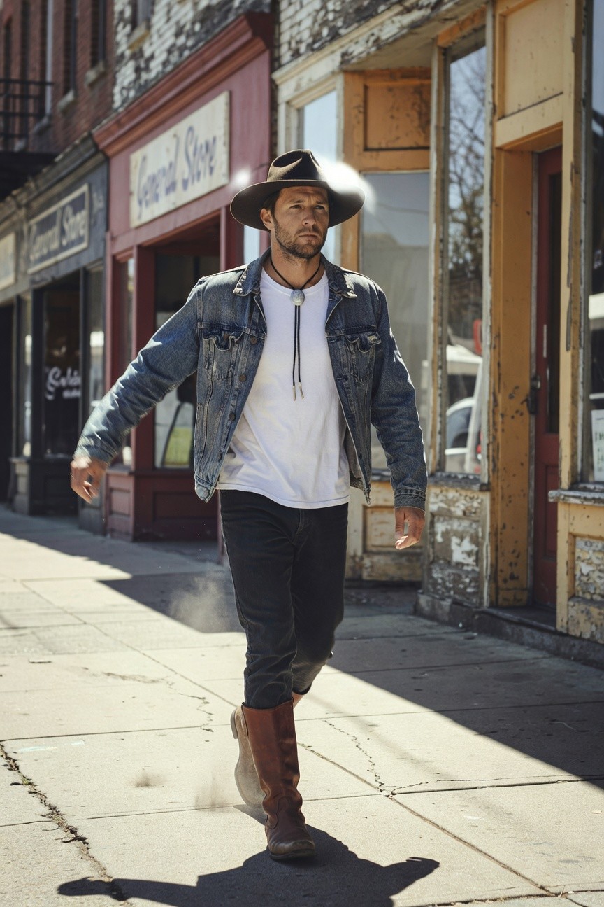 Man in faded blue distressed denim jacket over white t-shirt, black bolo tie, slim black pants, tan cowboy boots, and dark cowboy hat, walking on urban street