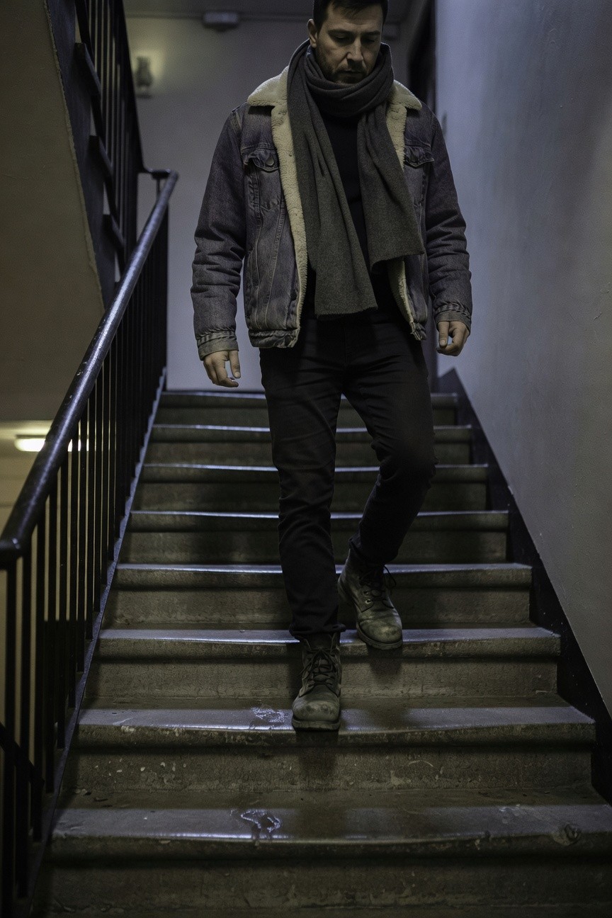 Man in blue shearling-collar denim jacket layered over black turtleneck and scarf, slim black pants, and black boots, walking up dimly lit concrete stairs