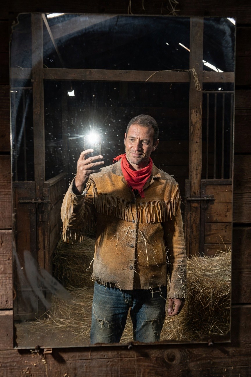 Man taking a selfie in a barn mirror wearing a tan fringed suede jacket with red bandana neckerchief and pocket square over distressed blue jeans