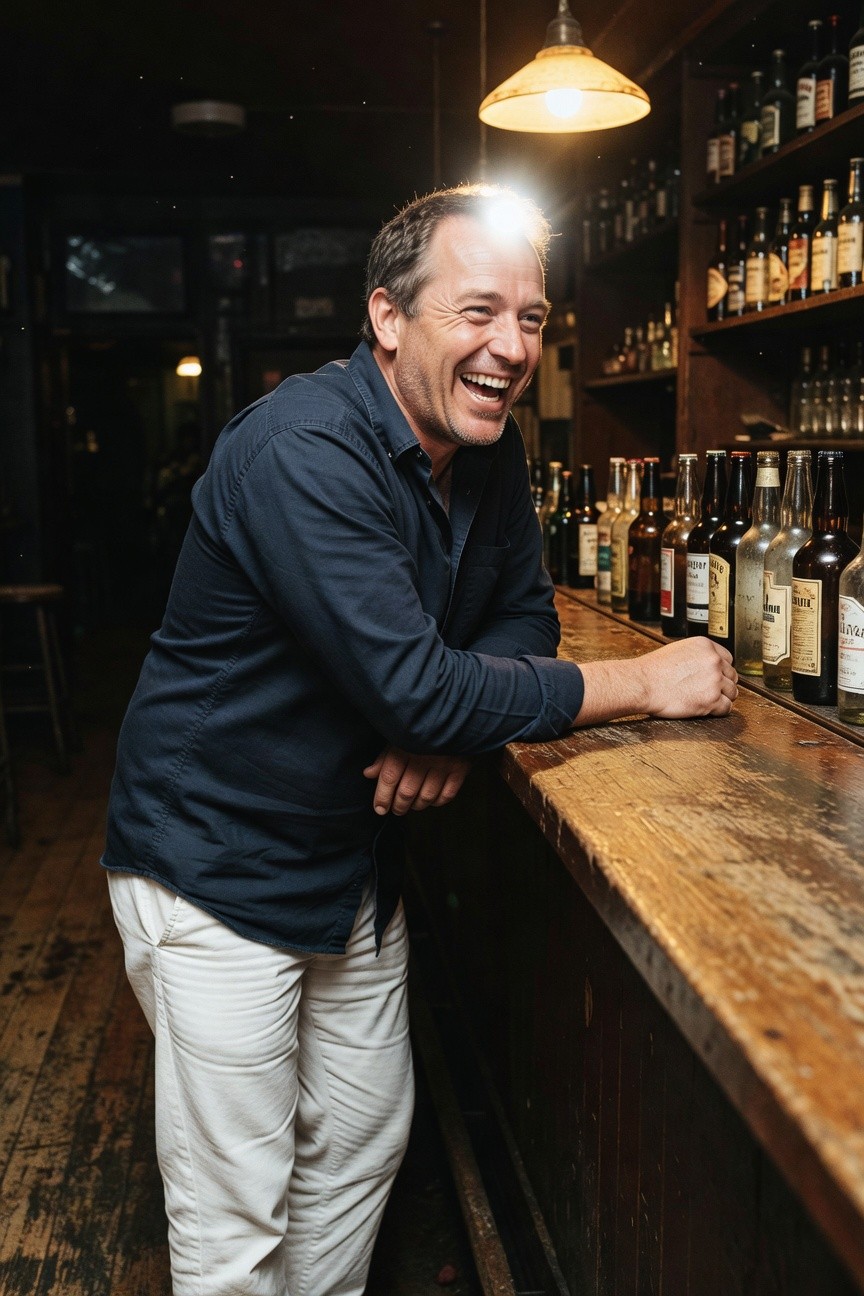 Smiling man in his 40s with short graying hair leans on a rustic wooden bar in a dimly lit whiskey bar, wearing a dark blue chambray button-up shirt untucked over slim white trousers, surrounded by glowing bottles and warm pendant lighting