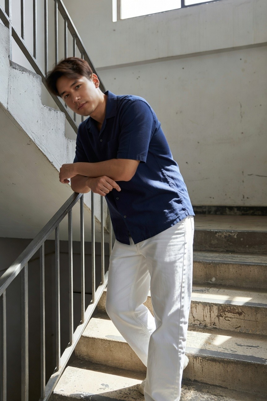 A young Asian man with tousled dark hair leans casually against a metal railing on sunlit concrete stairs, wearing a short-sleeve navy blue chambray shirt partially unbuttoned over slim white linen trousers, evoking relaxed summer urban style.