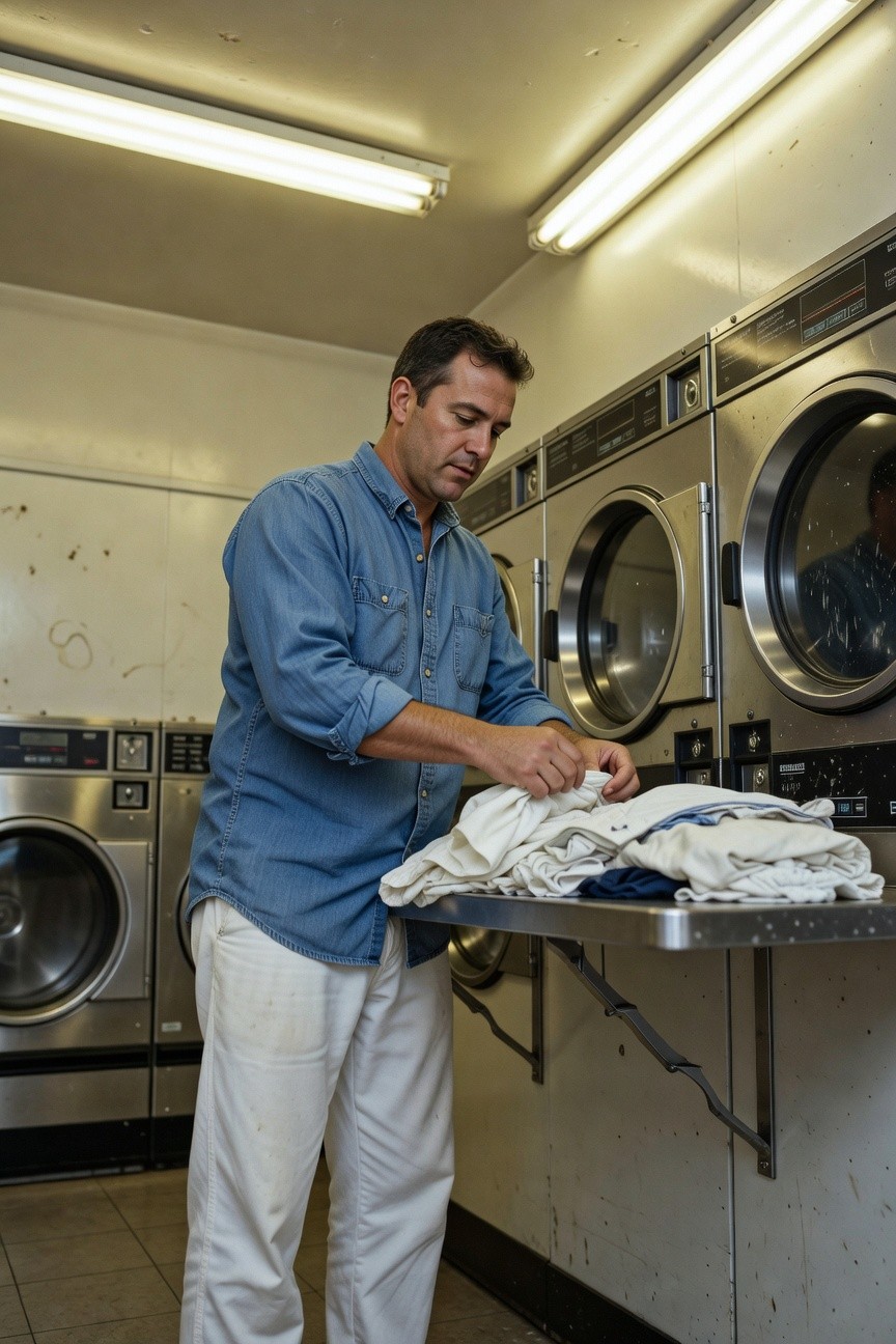 Middle-aged man with short dark hair wearing an open blue denim shirt, rolled sleeves, and loose white pants, folding white sheets on a table in a brightly lit laundromat surrounded by silver washing machines