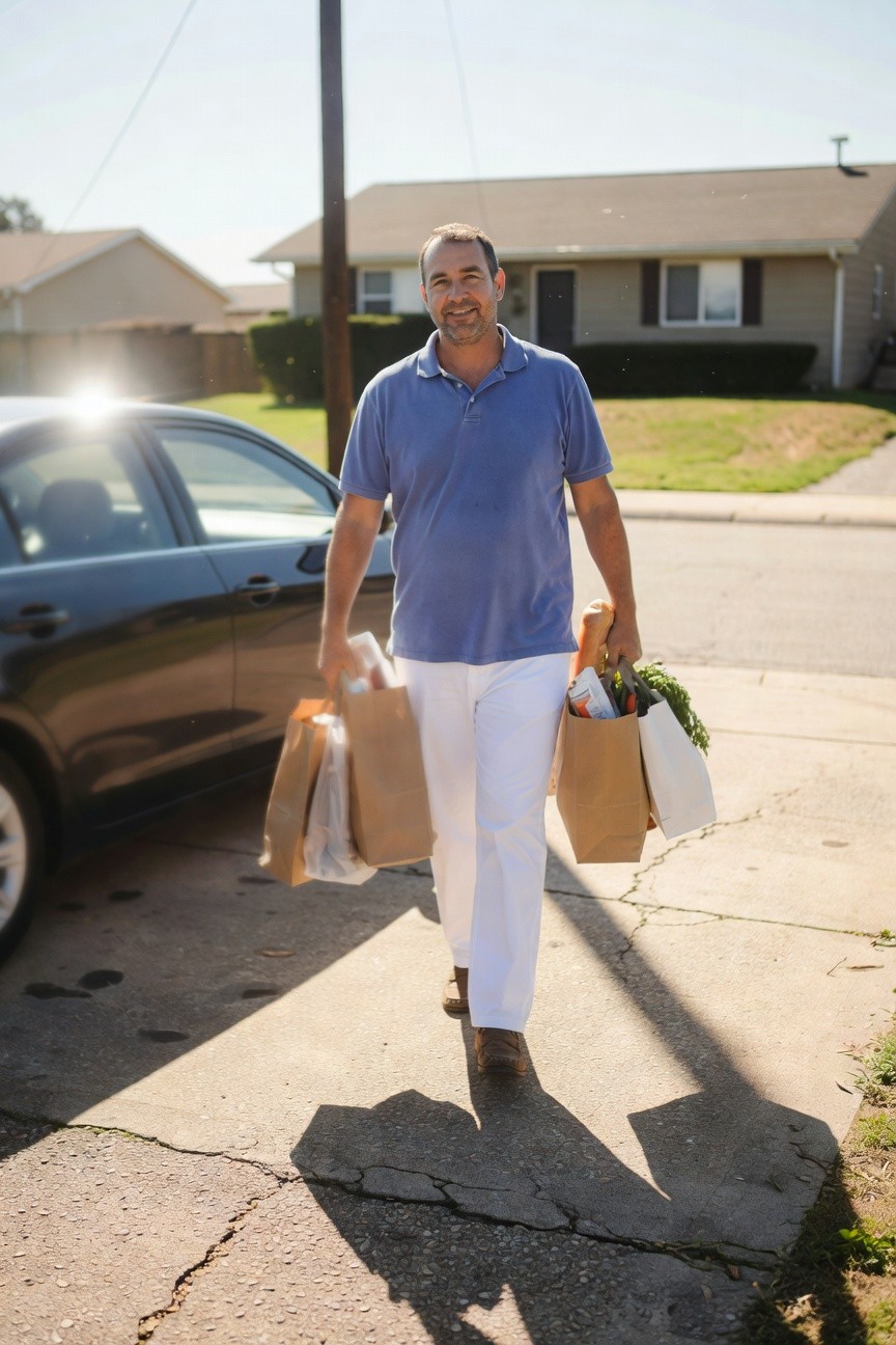 Middle-aged man in light blue polo shirt, white pants, and brown loafers walking on suburban sidewalk holding two brown paper grocery bags filled with vegetables, black sedan parked nearby under sunny sky