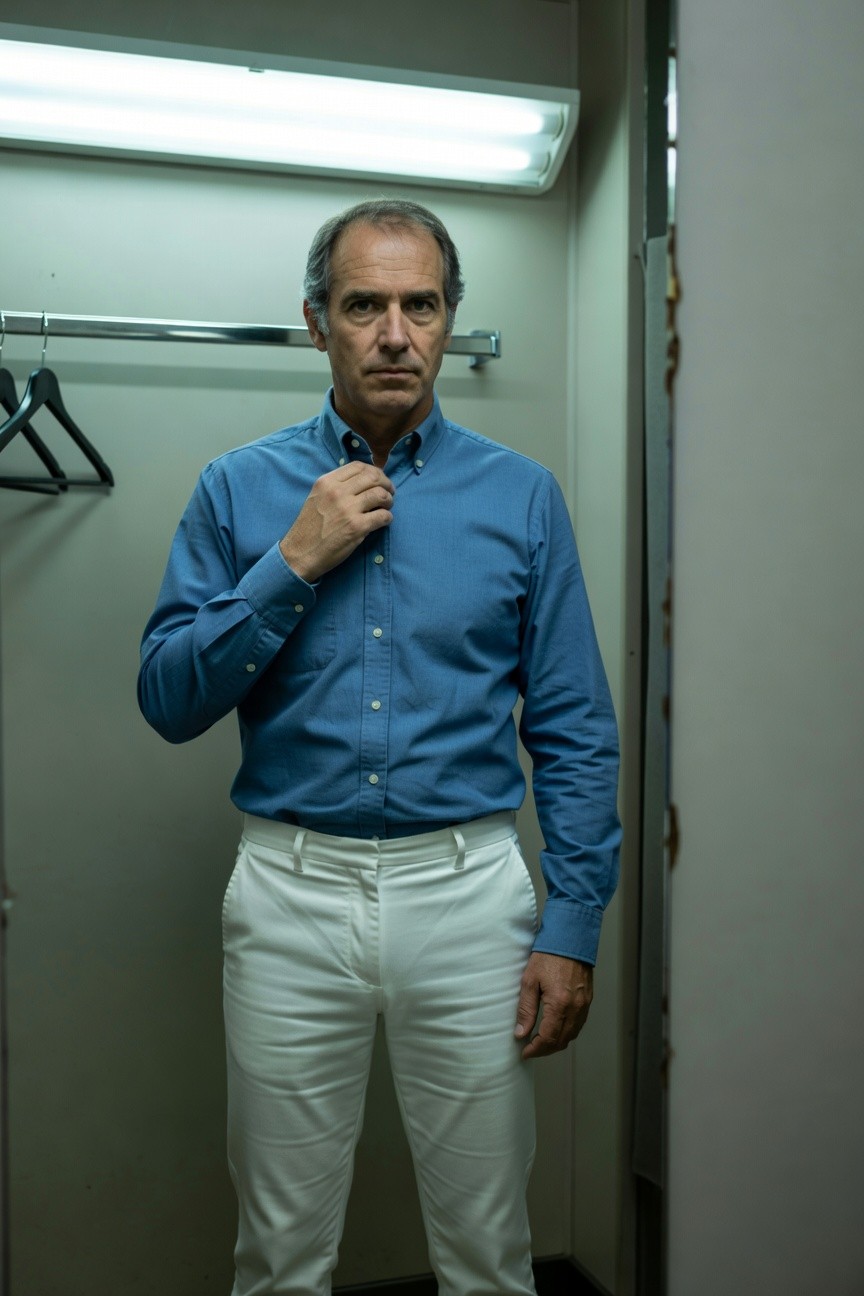 Middle-aged man with short graying hair buttoning the top collar of his light blue long-sleeve button-up shirt while standing in a narrow locker room, wearing slim white trousers, under fluorescent lighting with a serious expression