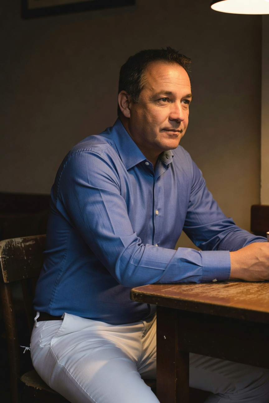 Man in light blue dress shirt and white slim trousers seated thoughtfully at wooden table under warm lamp light, evoking relaxed introspection