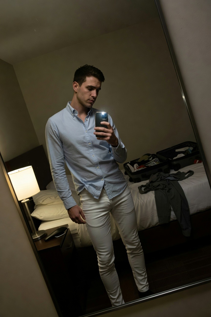 Man in hotel room mirror selfie wearing light blue long-sleeve button-up shirt slightly open at collar with white slim-fit pants, bed with pillows and open suitcase with clothes in background under warm lamp light