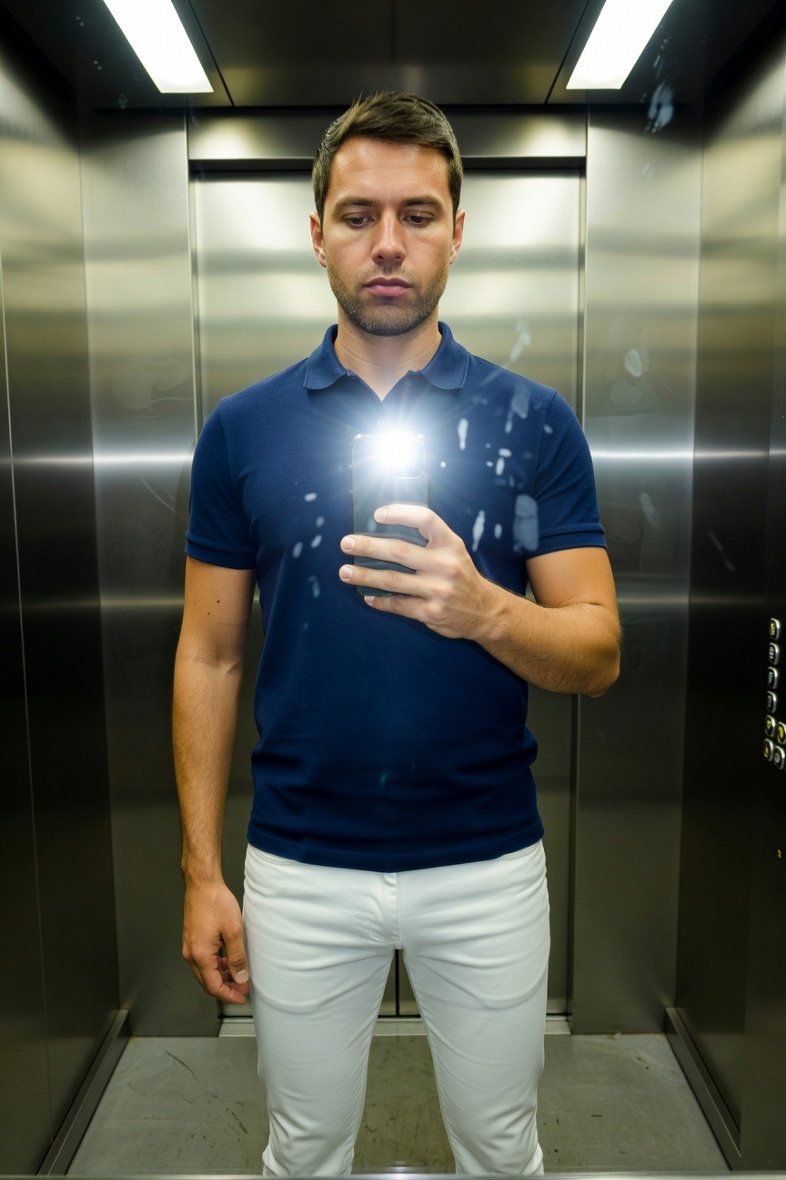 Handsome man in fitted navy blue short-sleeve polo shirt and slim white trousers poses for a glowing phone-lit selfie in a sleek steel elevator mirror, capturing a fresh casual vibe