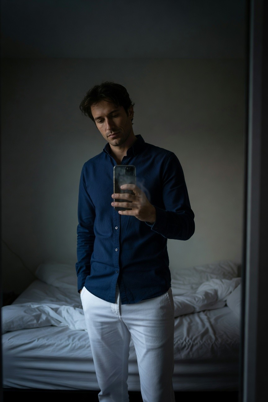 Mirror selfie of a man in a dark navy blue long-sleeve button-up shirt tucked into slim white trousers, standing casually in a dimly lit bedroom with a bed visible behind him