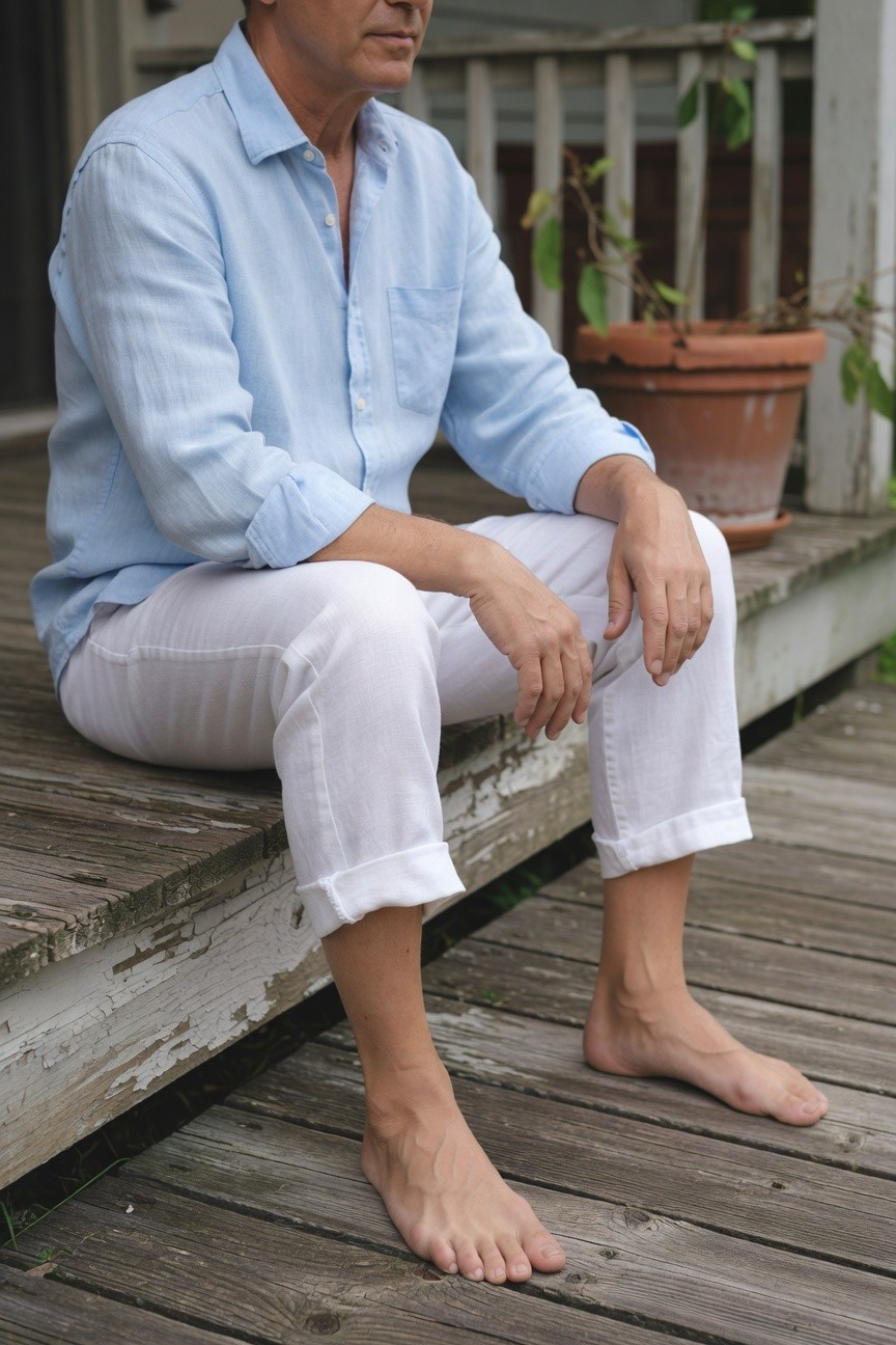 A man sits barefoot on wooden porch steps wearing a light blue linen shirt with sleeves rolled up and white linen pants cuffed at the ankles relaxed pose against porch railing with potted plant nearby