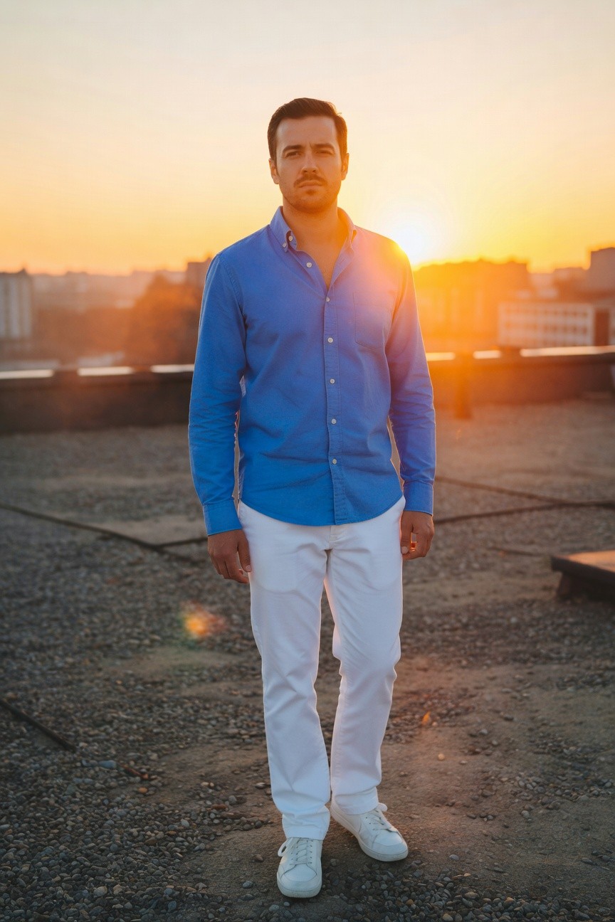 Man in light blue open-collar button-up shirt, slim white pants, and white sneakers stands confidently on urban rooftop at sunset with city skyline and warm orange sky behind him
