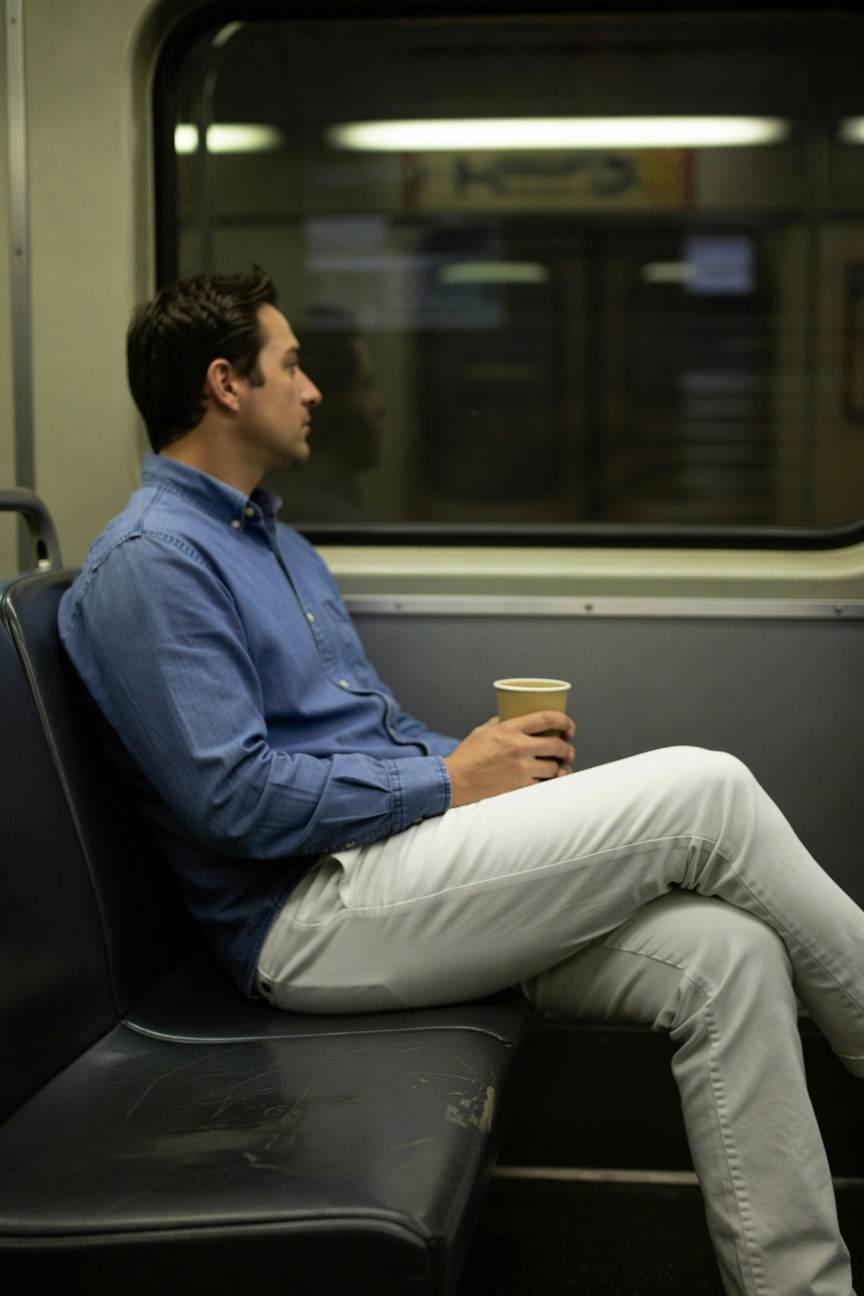 Man in light blue chambray button-up shirt and white chinos sits on subway seat holding paper coffee cup, gazing out window at night station.