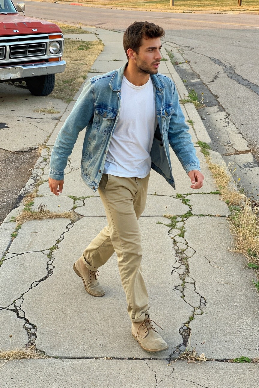 Man walking on cracked sidewalk in open light wash denim jacket over white t-shirt, khaki chinos, and tan suede boots, vintage red truck parked nearby