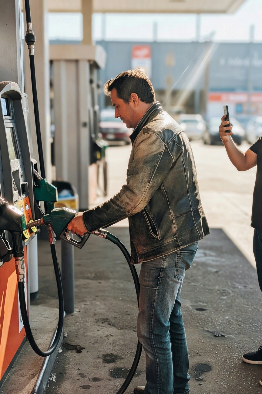 Man fueling up his vehicle in a distressed tan leather jacket over blue straight-leg jeans, dark boots, and casual stance at a gas station pump