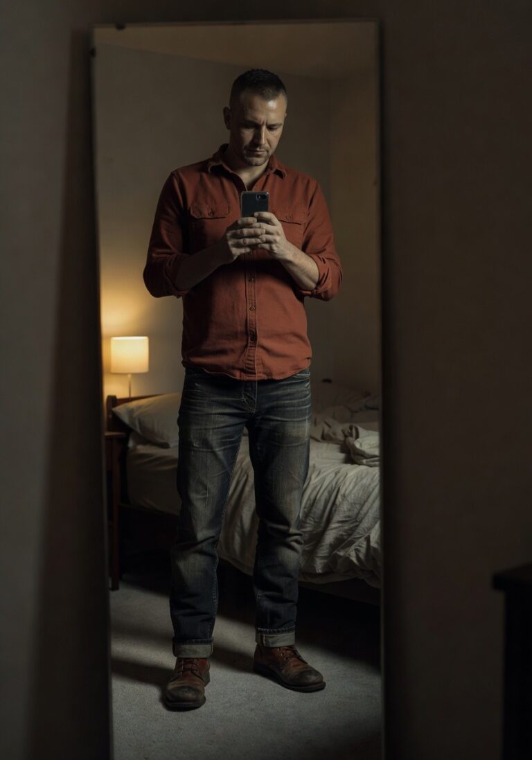 Mirror selfie of man in rust-red button-up work shirt, distressed faded blue jeans, and brown leather boots standing in bedroom