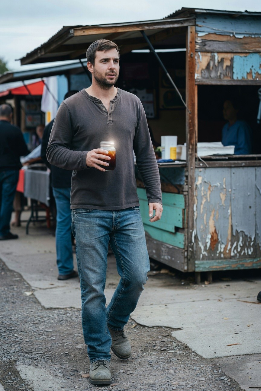 Man in gray long-sleeve henley shirt with button placket, blue straight-leg jeans, and gray boots, standing casually while holding a drink
