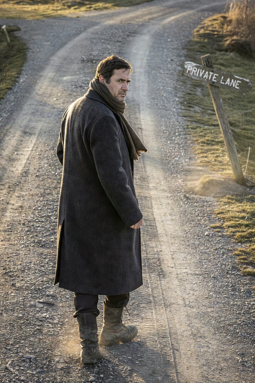 Side view of man wearing long gray wool overcoat, matching gray scarf, dark trousers, and tan rugged boots while standing on a path