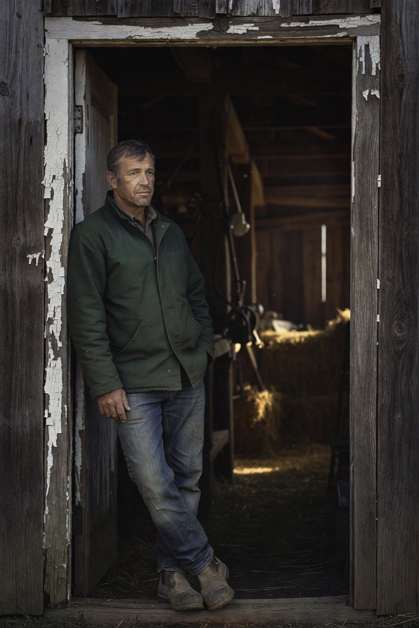 Man in olive green zip-up field jacket, dark blue straight-leg jeans, and tan suede boots, leaning casually in a barn doorway