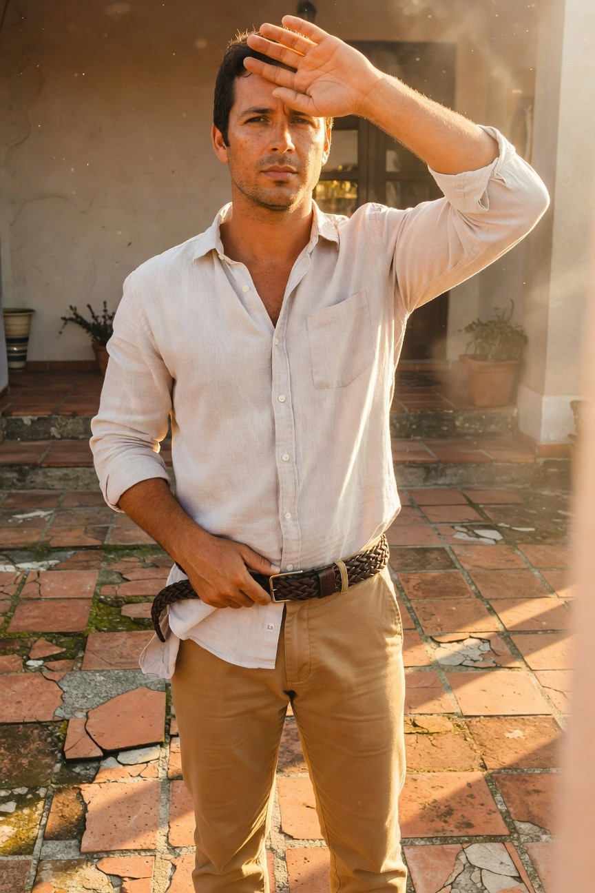 Man in light beige linen shirt with rolled sleeves and open collar, khaki chinos, holding brown leather belt, standing casually