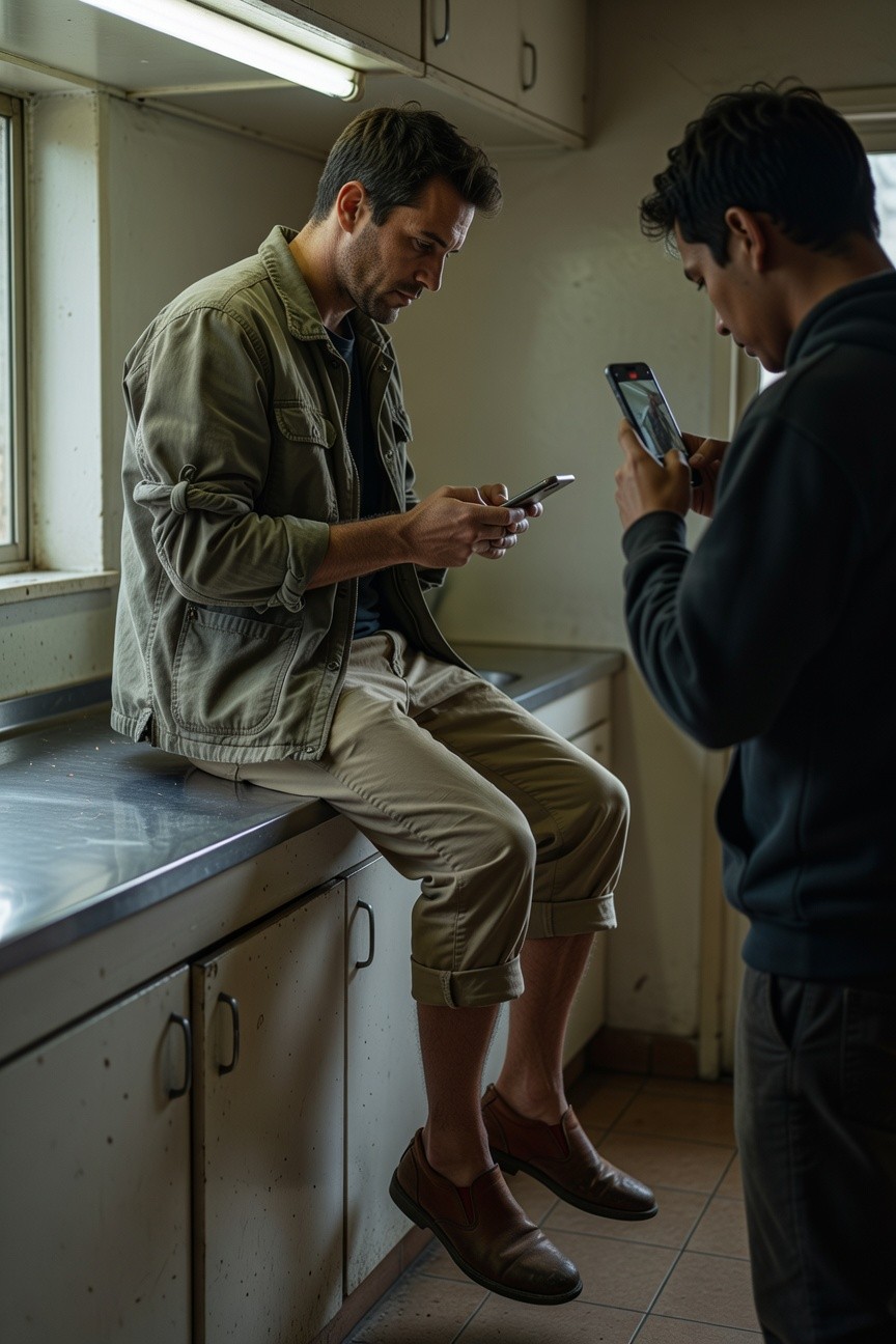 Two men in a modern kitchen, one seated on counter wearing olive green utility jacket over dark tee, beige cropped chinos, and brown loafers while holding a phone, the other standing in black hoodie holding a phone