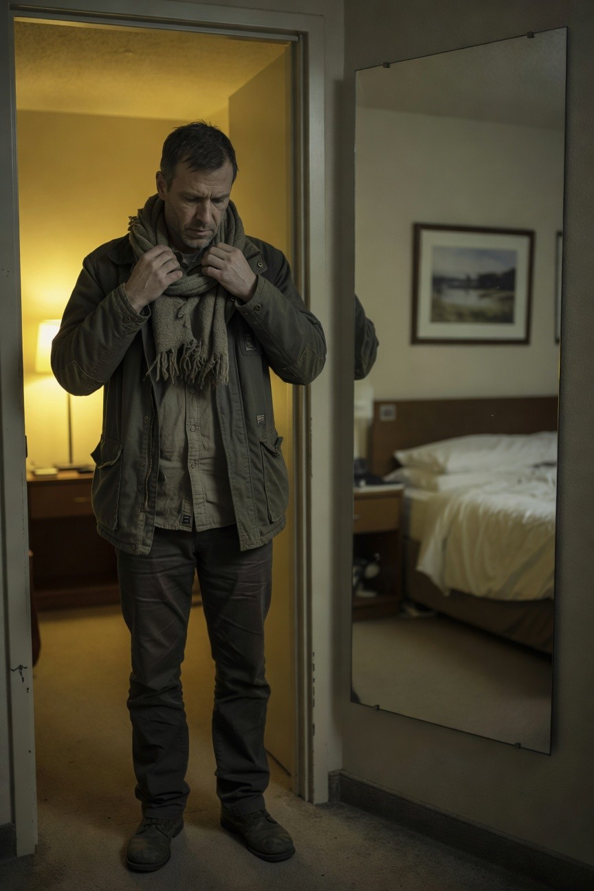 Man standing in a hotel doorway wearing an olive green waxed parka layered over a hoodie with a tan scarf loosely wrapped around his neck, slim dark jeans, and brown boots, mirrored bedroom visible behind him