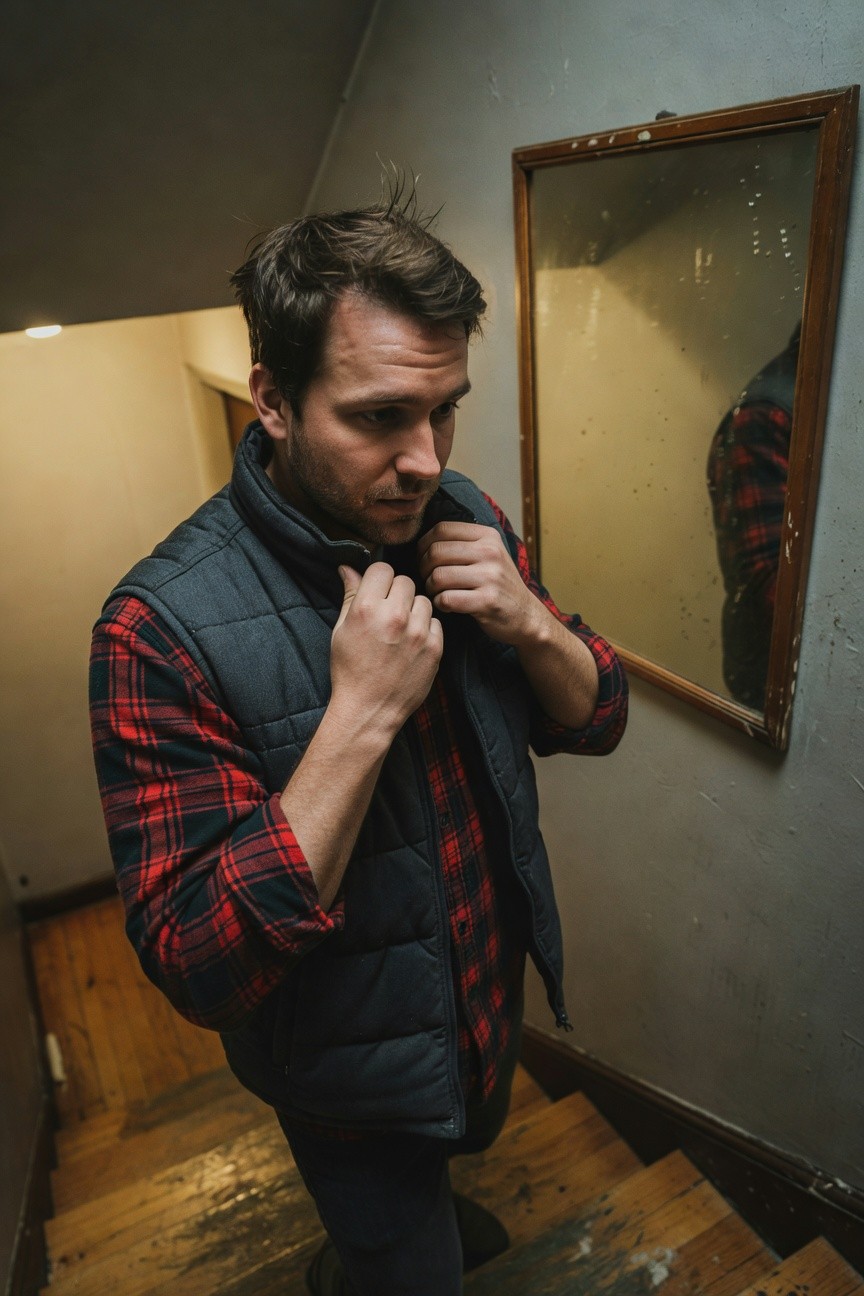 Man in red plaid flannel shirt layered under black quilted vest, dark pants, standing on wooden stairs adjusting collar in front of mirror