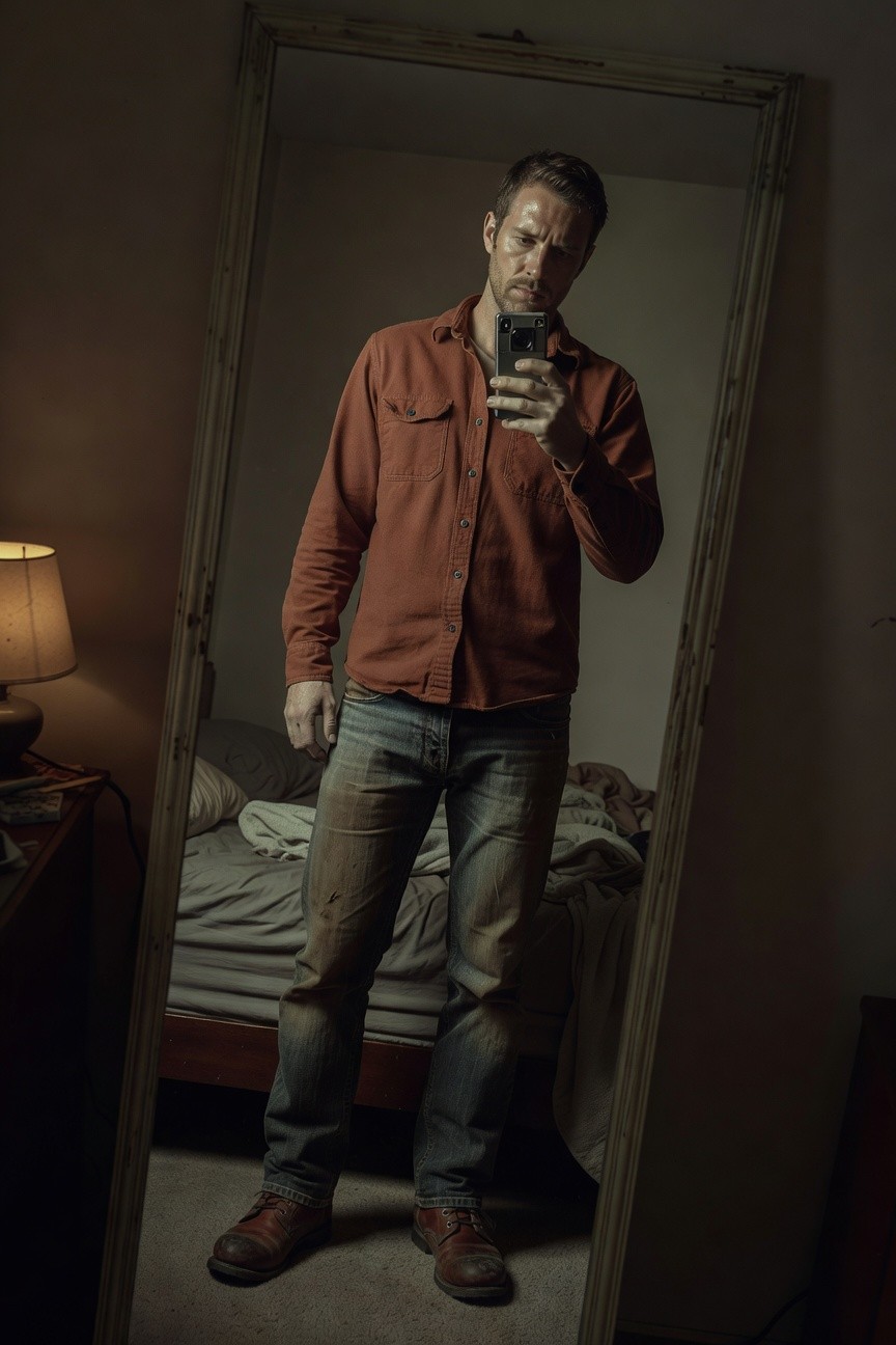 Mirror selfie of man in rust-red button-up work shirt, distressed faded blue jeans, and brown leather boots standing in bedroom