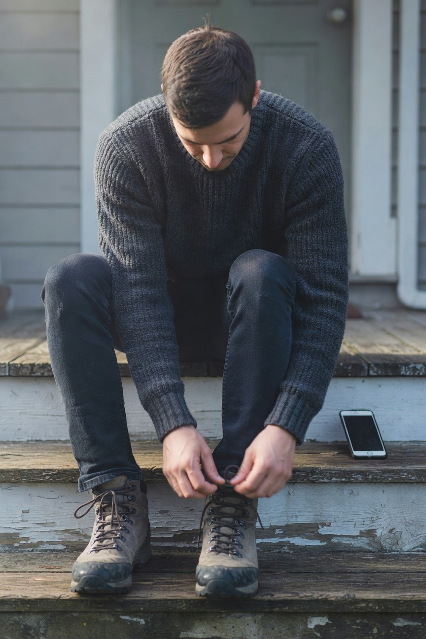 Man in dark gray knit turtleneck sweater, slim black pants, and brown laced hiking boots, sitting and tying boot laces