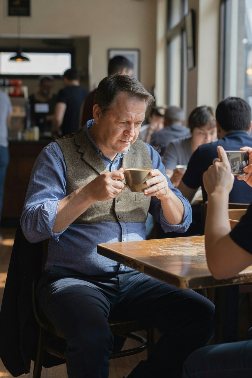 Man in light blue button-down shirt layered under brown vest, dark trousers, seated at cafe table holding coffee cup, modern country style