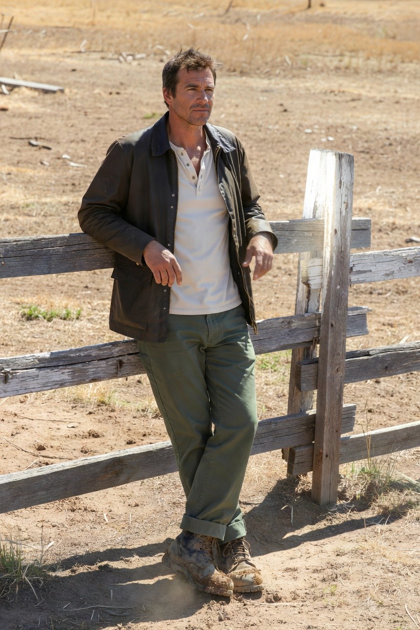Man standing casually in brown waxed cotton jacket layered over white crewneck t-shirt, olive green chinos, and brown laced boots, against a rustic fence