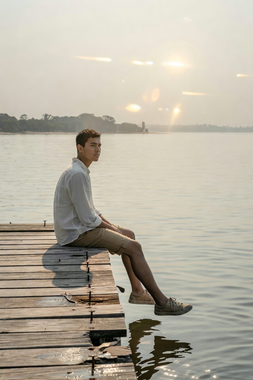 Young man in white short-sleeve button-up shirt with rolled cuffs, khaki knee-length shorts, and brown loafers, sitting on a dock with legs extended