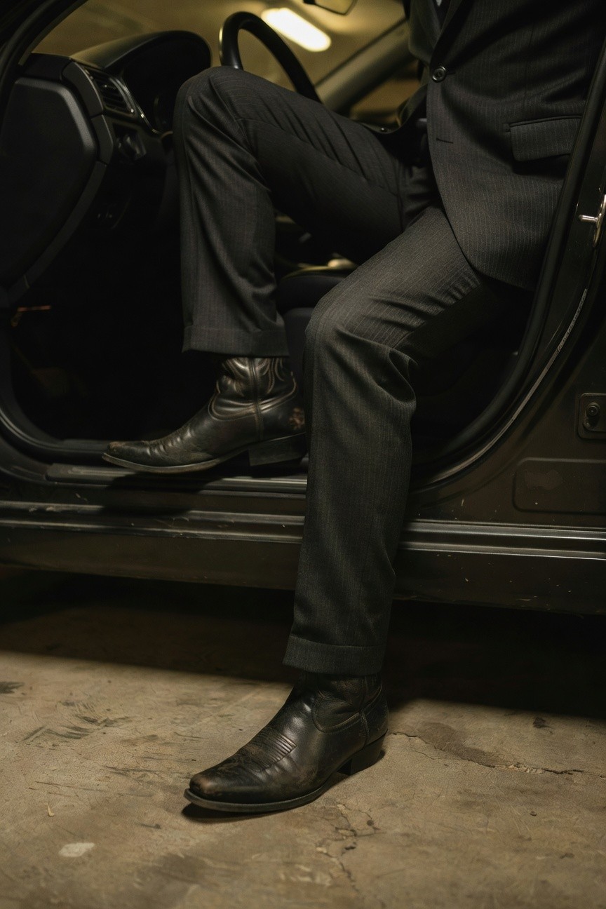 Man in slim black suit jacket and pants sitting with legs extended from open car door, wearing pointed black leather cowboy boots on concrete floor