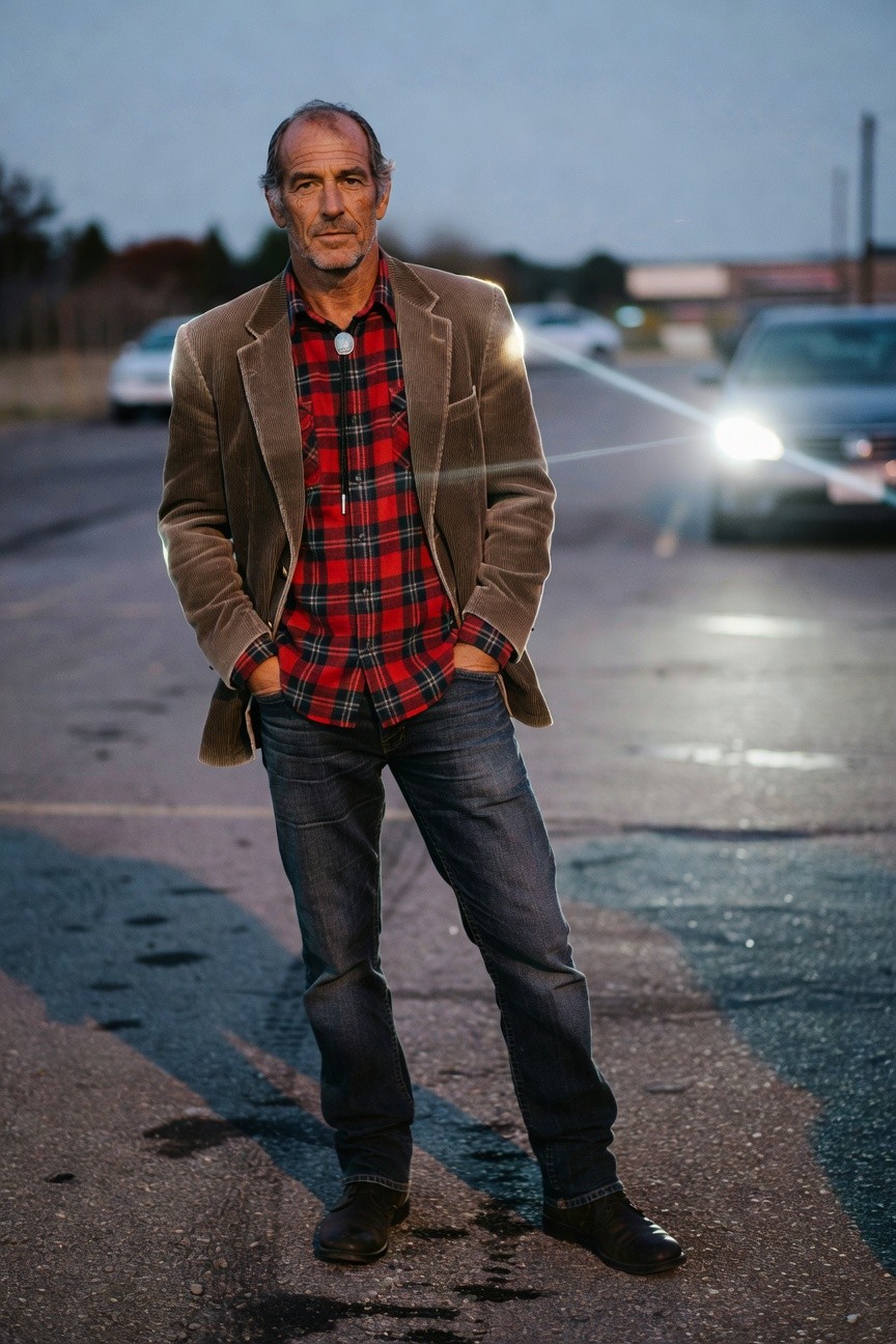 Man in brown corduroy blazer over red-and-black plaid flannel shirt, silver necklace, dark jeans, and black boots, hands in pockets, standing on paved road