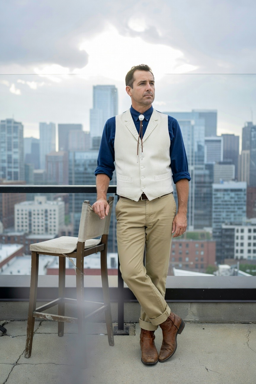 Man in light blue chambray shirt, cream vest, turquoise bolo tie, cuffed khaki pants, and brown leather boots, standing on rooftop with city skyline backdrop