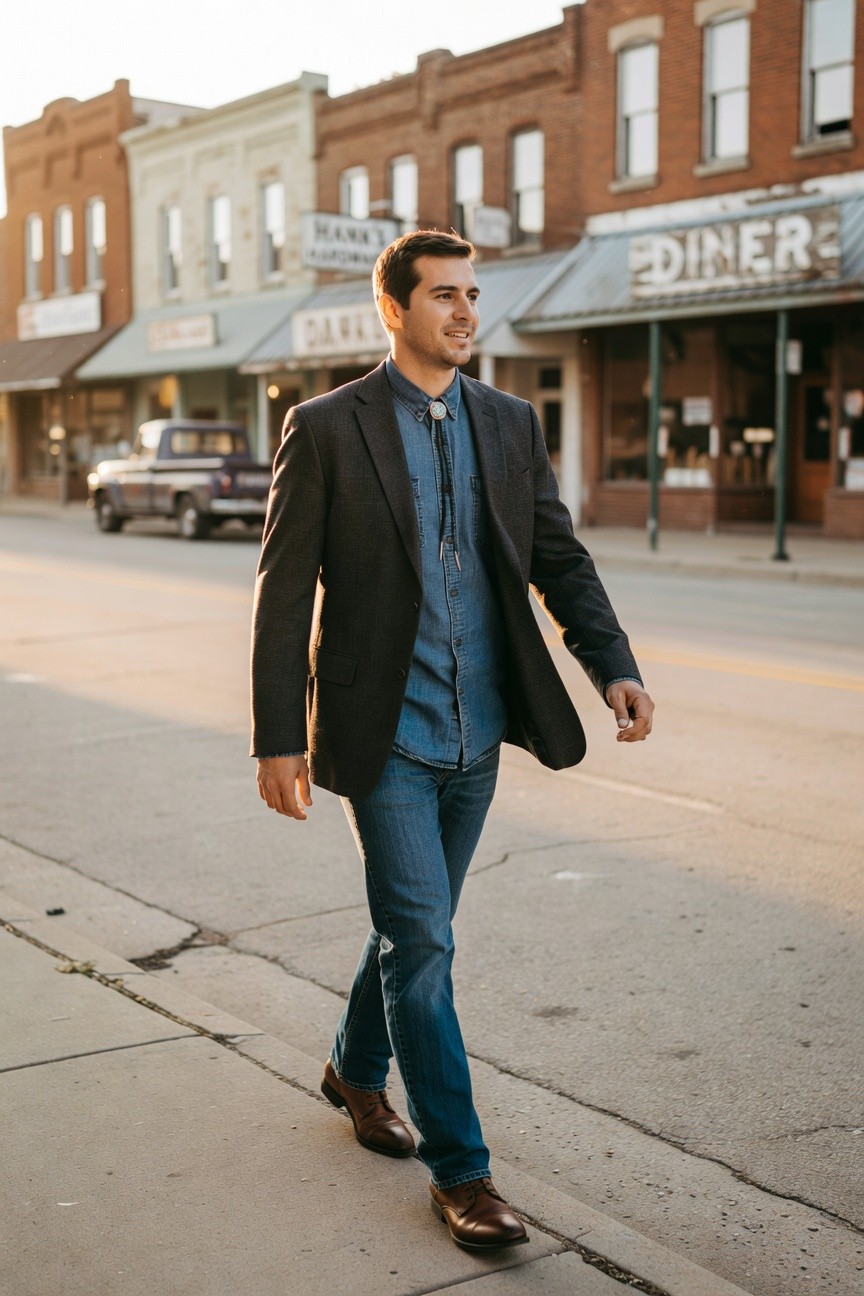 Man in slim dark jeans, light blue button-down shirt, open navy blazer, silver bolo tie with turquoise stone, and brown leather dress shoes, walking casually on a street