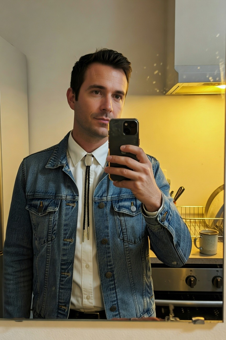 Man taking a mirror selfie in a kitchen, wearing a light blue denim jacket over a white dress shirt with a black bolo tie, black pants, and black belt, holding a smartphone