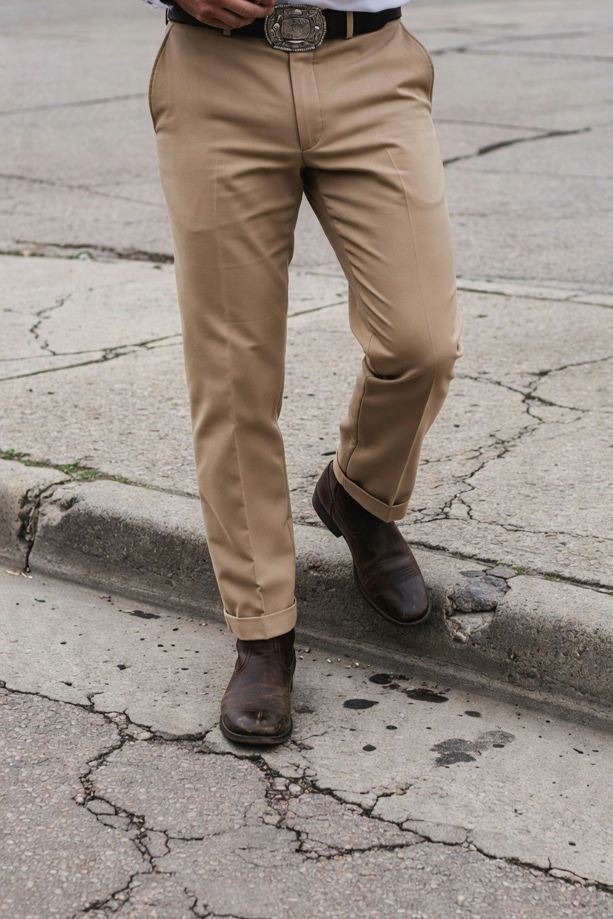 Man in slim khaki chinos cuffed at ankles over brown leather cowboy boots white belt with large silver cowboy buckle standing casually