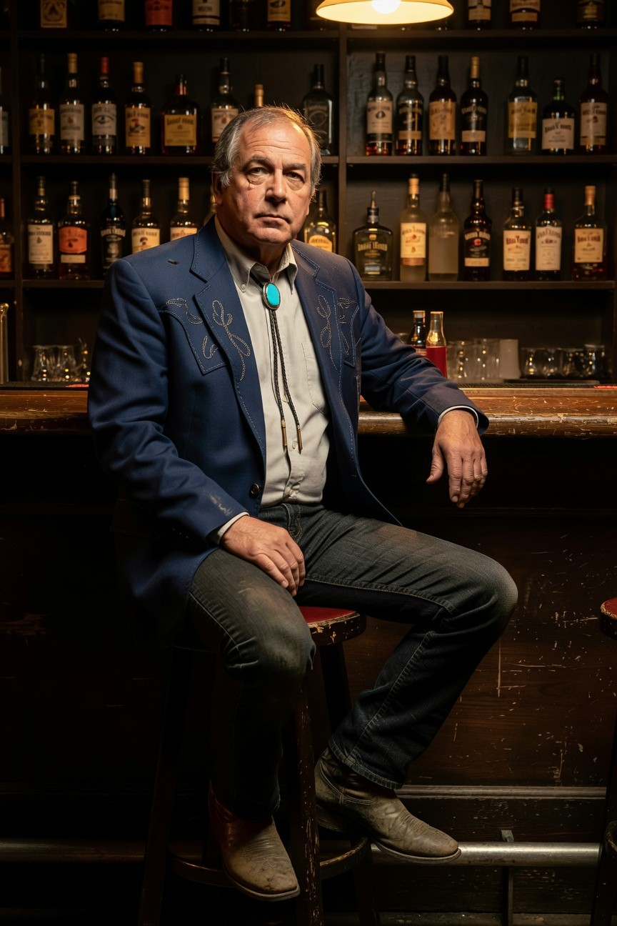 Older man seated at wooden bar wearing navy blue textured blazer over white shirt with turquoise bolo tie, dark pants, and tan boots, whiskey bottles on shelves behind