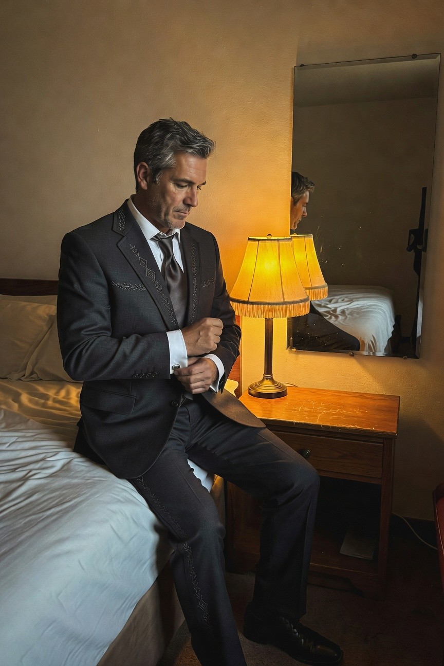 Silver-haired man in tailored dark gray suit, white shirt, and tie, sitting on bed edge adjusting cufflinks under bedside lamp light