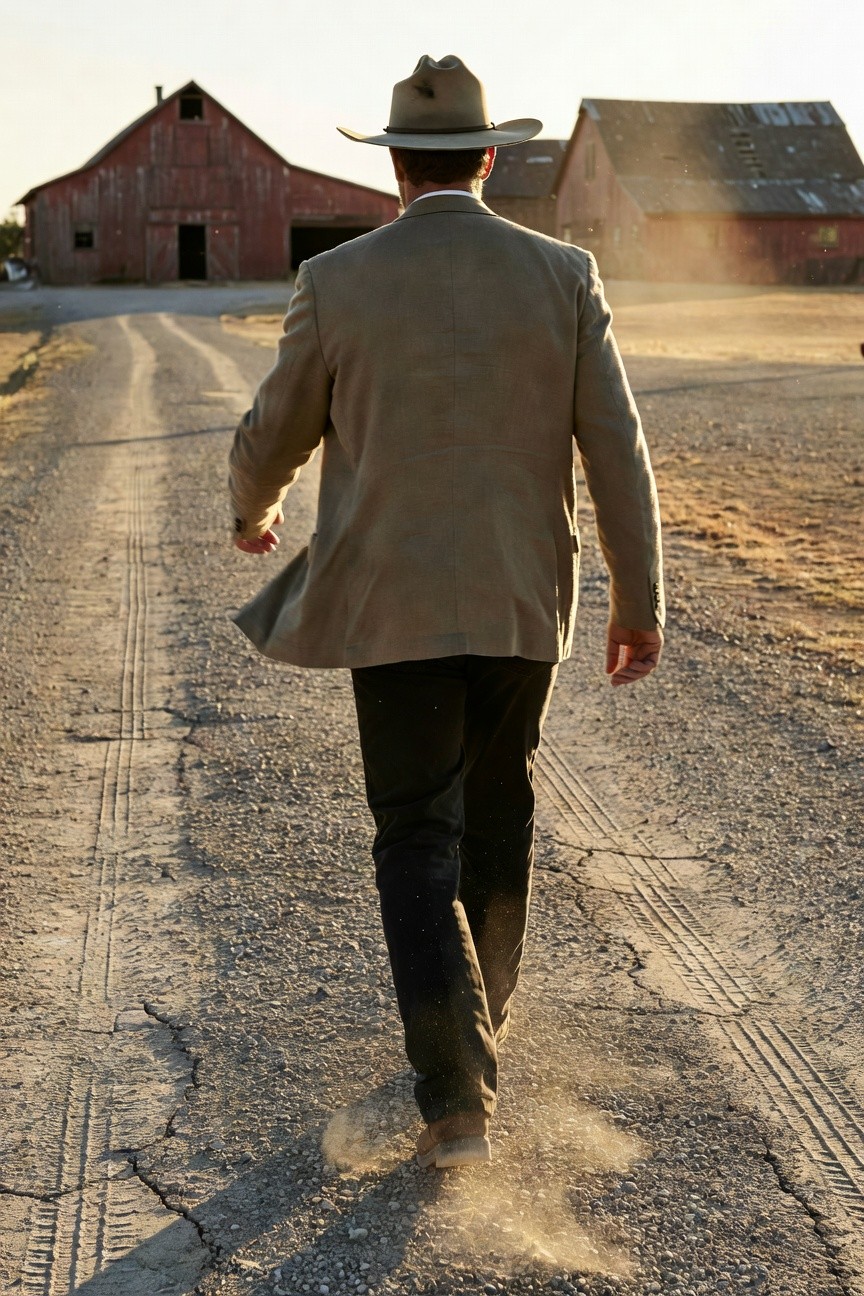 Man in rear view wearing tan textured suit jacket, black trousers, brown boots, and cream cowboy hat, walking on dirt road with barns in background