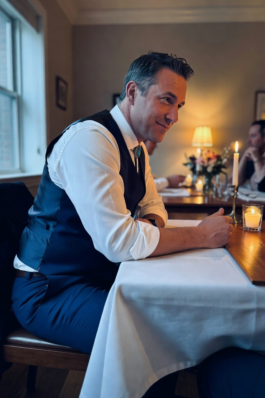 Man seated at table in white dress shirt with rolled sleeves, navy vest, and matching navy trousers, arms crossed casually for a refined modern cowboy wedding look