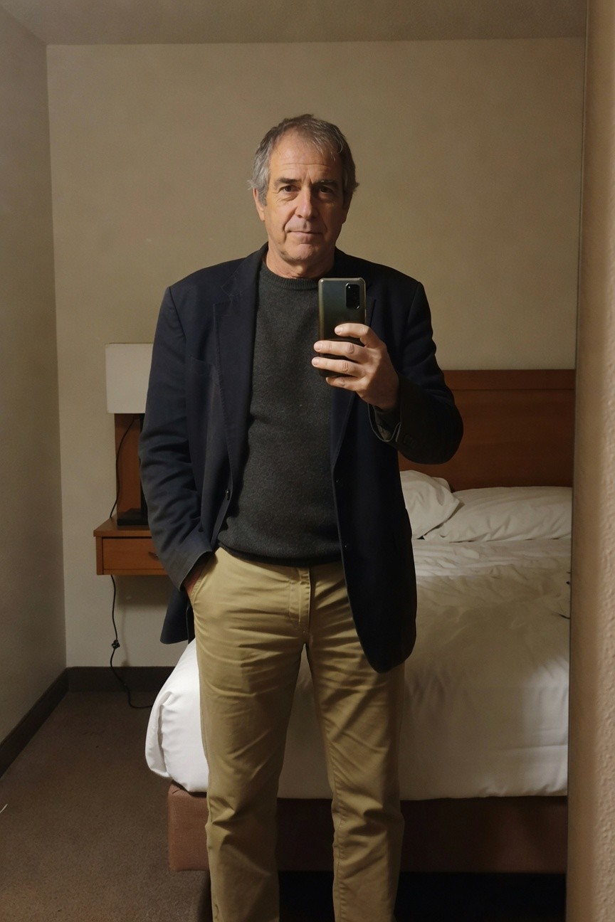 Older man in navy blazer over gray sweater and khaki pants, taking a selfie in a beige hotel room with wooden bedframe and white pillows behind him, one hand in pocket for relaxed pose.
