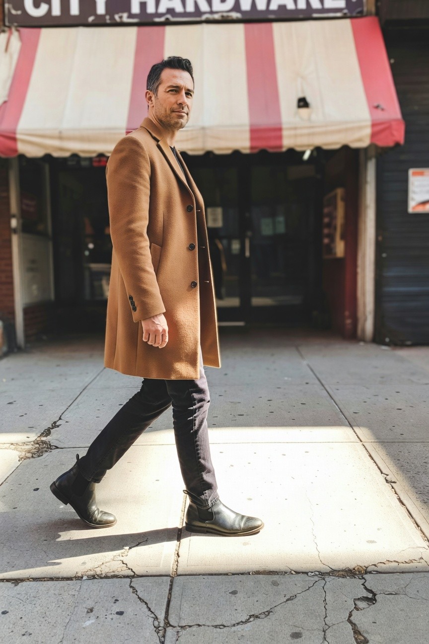 A sharply dressed man in a long camel overcoat, slim black trousers, and black Chelsea boots stands confidently on a sunlit sidewalk outside a City Hardware store, evoking polished urban style.