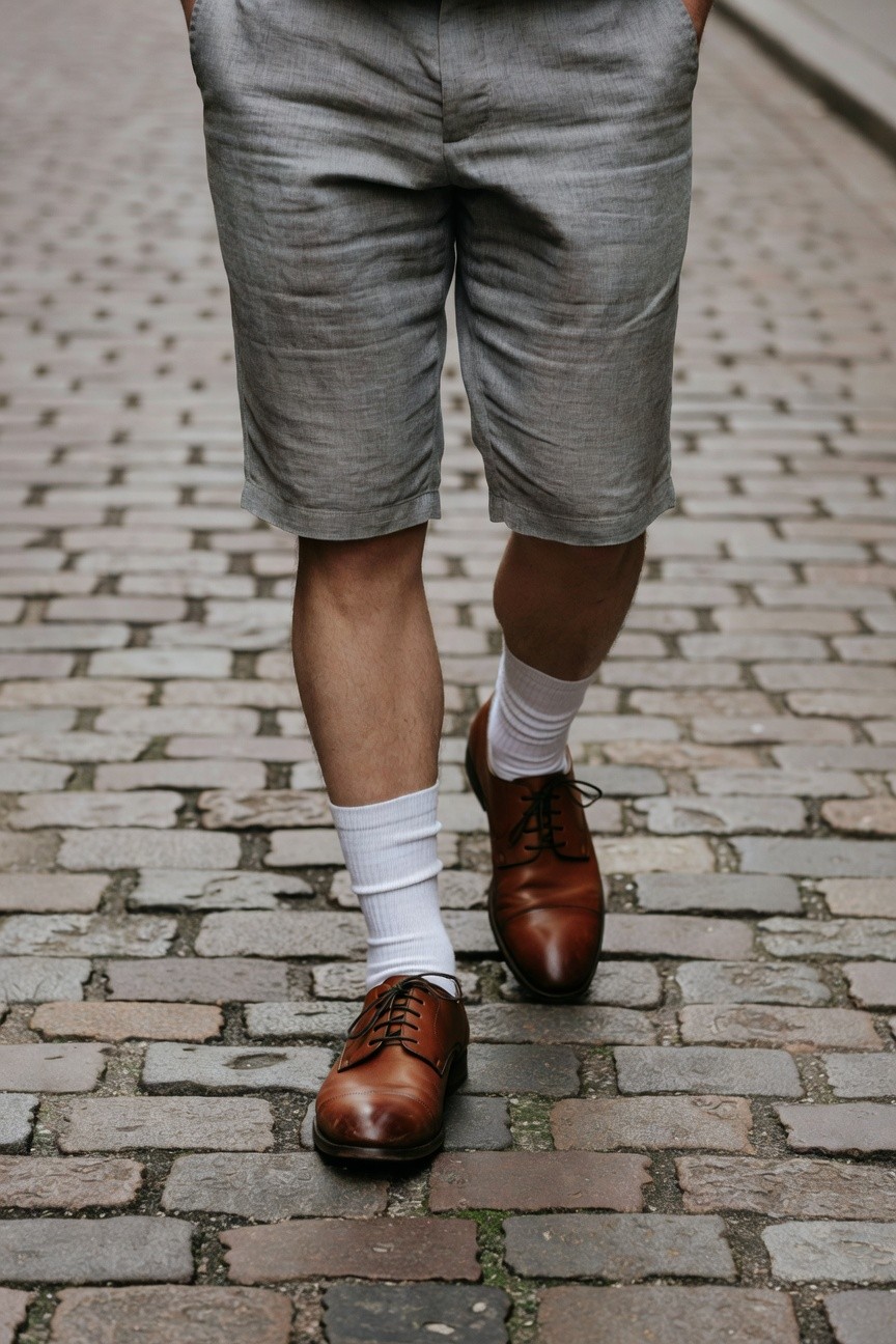 Man in tailored gray linen shorts, white crew socks, and brown leather oxfords walking on cobblestone path, blending casual comfort with refined polish