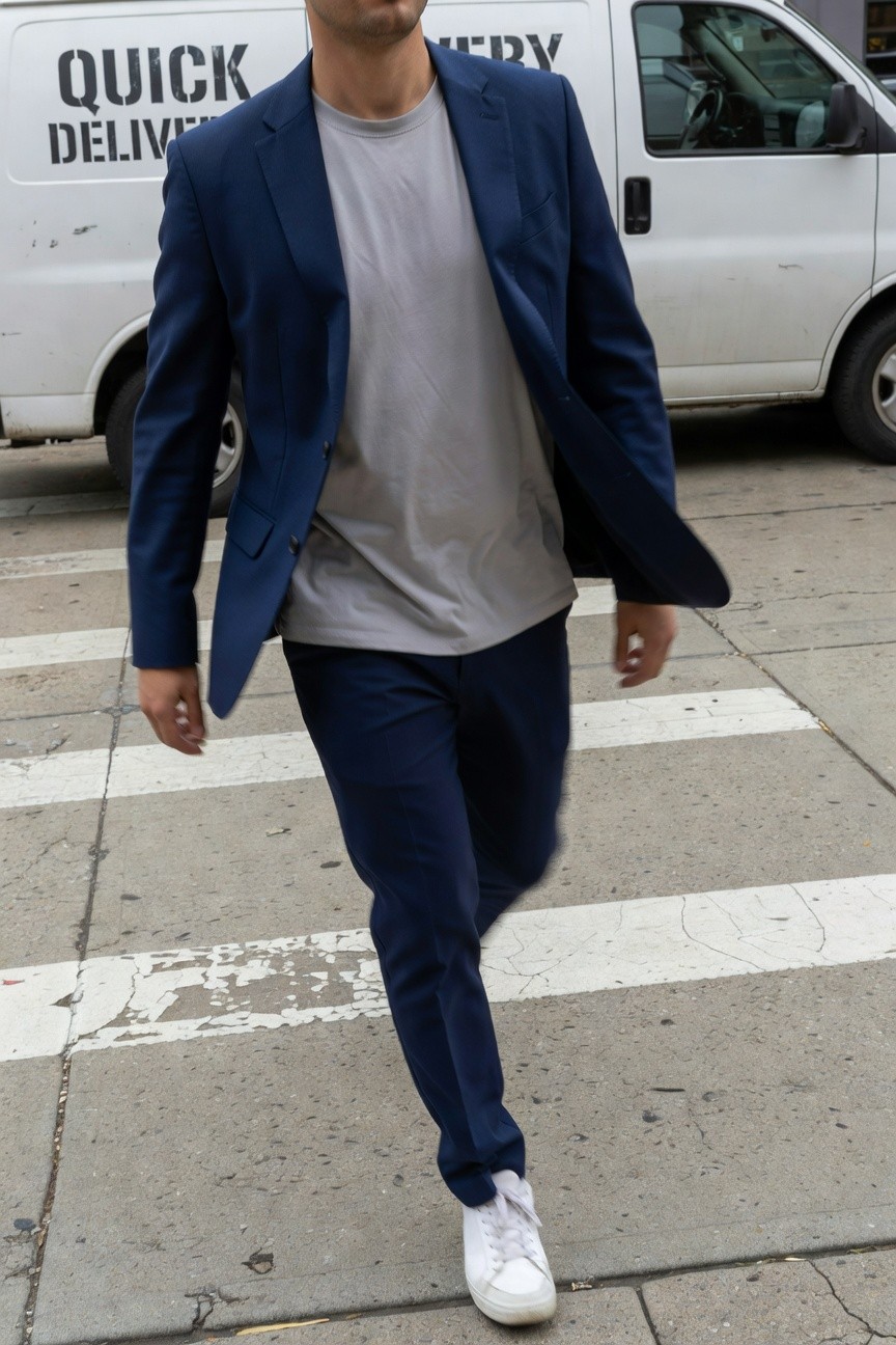Man in open navy blue blazer over gray t-shirt, matching navy trousers, and white sneakers, posing confidently on a city crosswalk beside a white Quick Delivery van