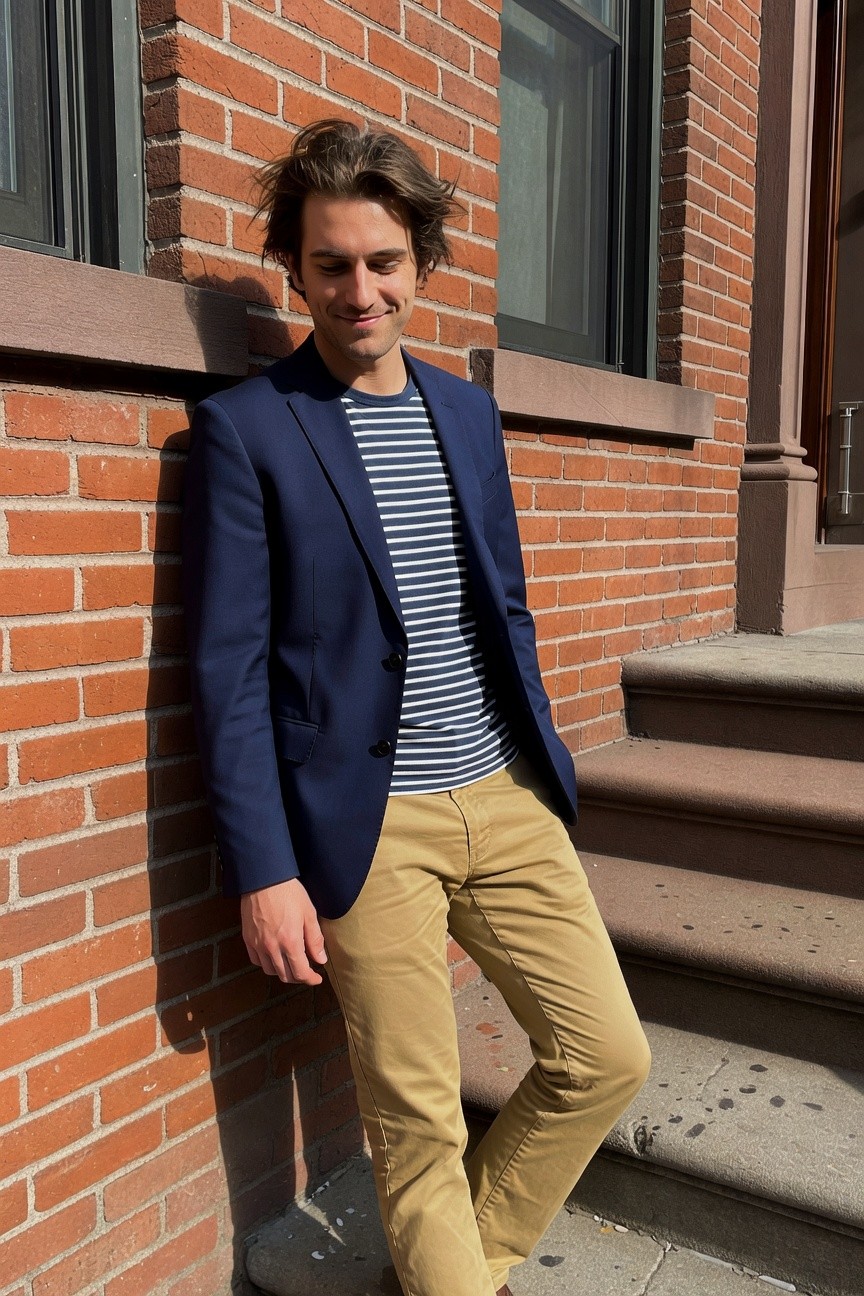 Young man in navy blazer over striped shirt and khaki chinos leaning against brick building exterior, casual polished style