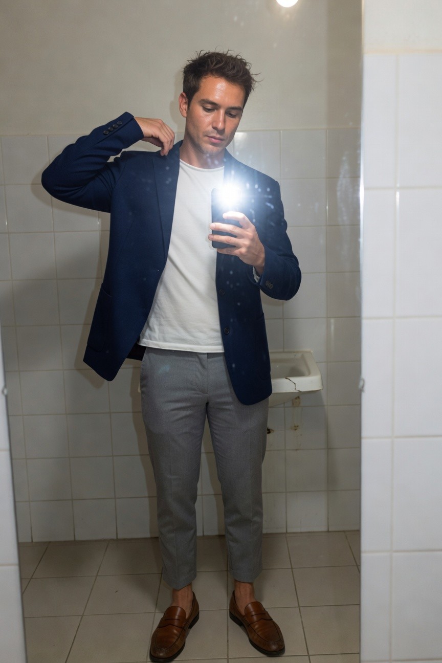 Man in open navy blazer over white t-shirt, slim light grey trousers cropped at ankle, brown loafers, posing with hand to neck in bathroom mirror selfie