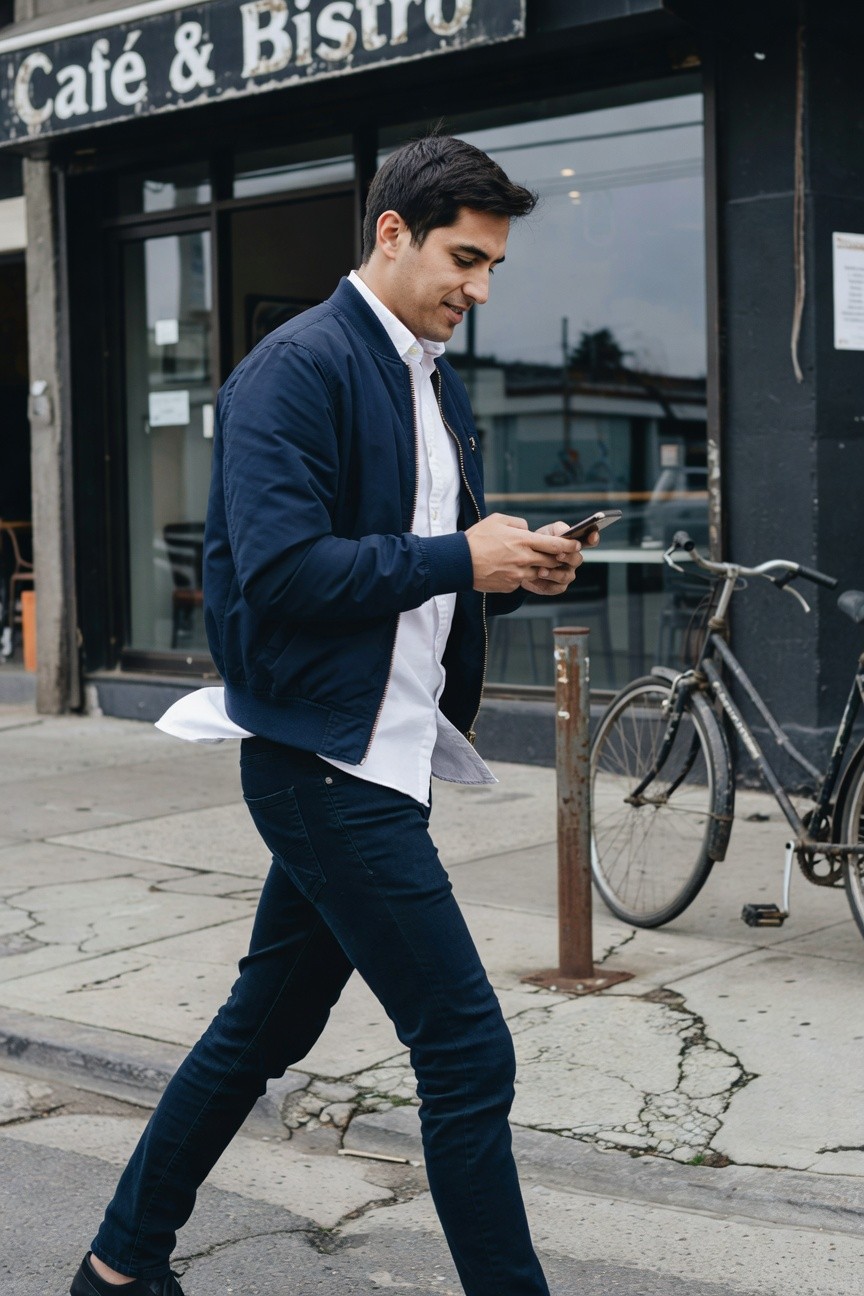 A stylish man in a navy blue bomber jacket over an open white collared shirt, slim dark jeans, and black loafers walks confidently past a cafe on a city sidewalk with a bicycle parked nearby