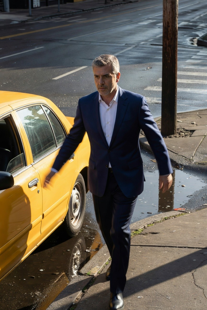 Man in tailored navy blue suit jacket and trousers with white dress shirt and black dress shoes strides confidently past a yellow taxi on a wet urban street at dusk
