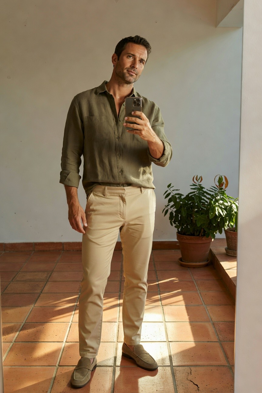 A handsome man in his 30s takes a mirror selfie wearing an open-collar olive green linen long-sleeve shirt tucked into slim beige chinos, finished with tan loafers, standing on terracotta tiles in a sunlit room with potted plants and neutral walls